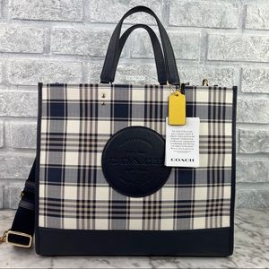 Coach Dempsey Tote 40 With Garden Plaid Print And Coach Patch In Midnight Multi